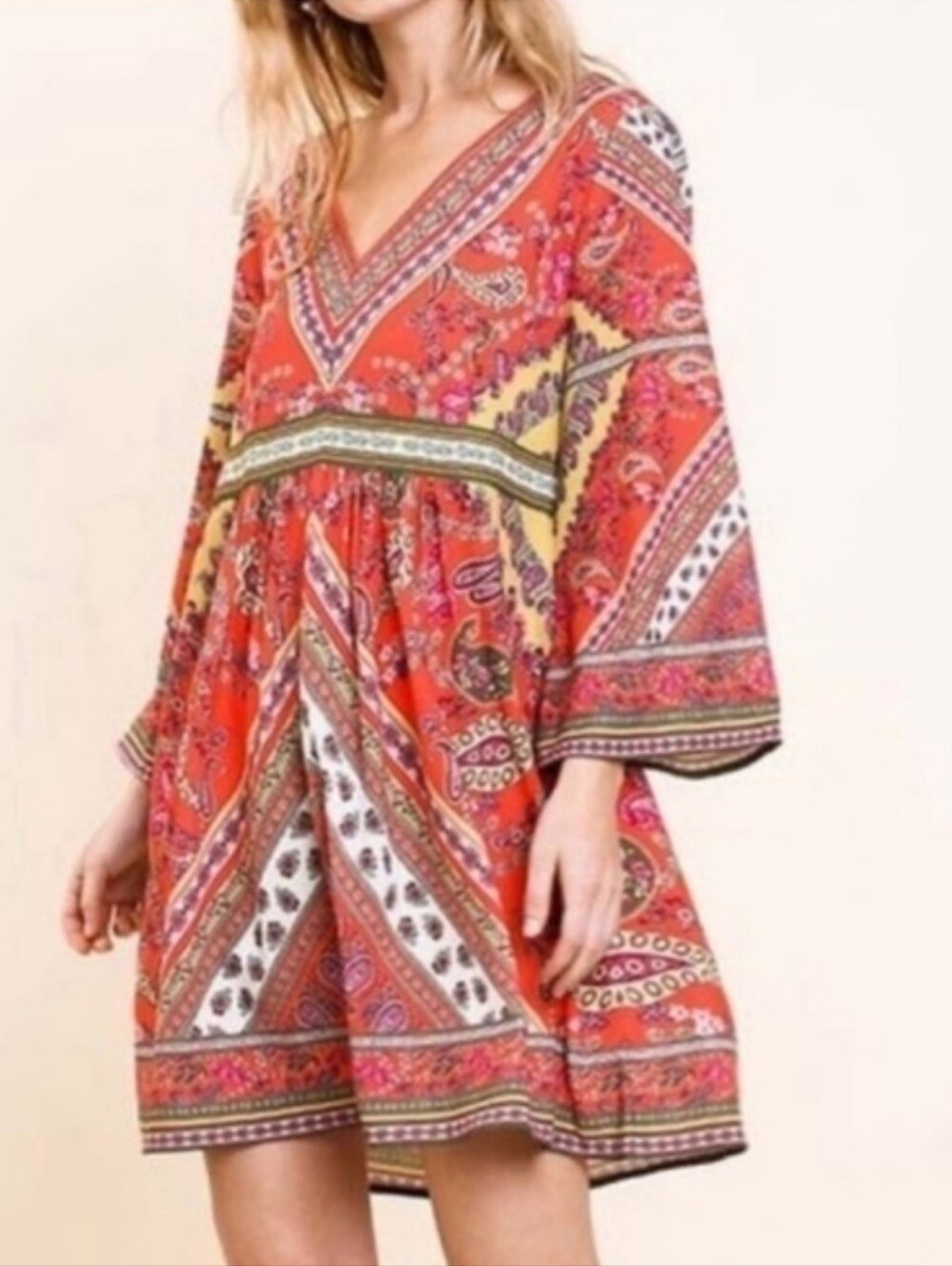 Umgee Coral Paisley V-Neck Empire Waist Long Sleeve Dress